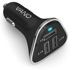 Black car charger with three USB ports and a blue indicator light.