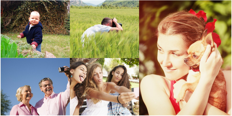 Collage: Baby outside, person in tall grass, woman with puppy, family with selfie.