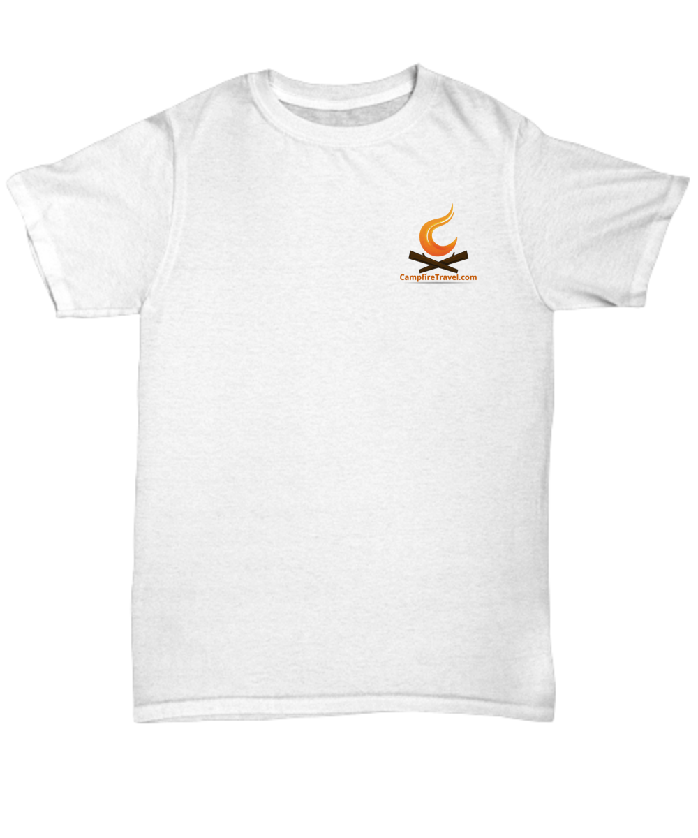 White t-shirt with a small campfire logo on the left chest.
