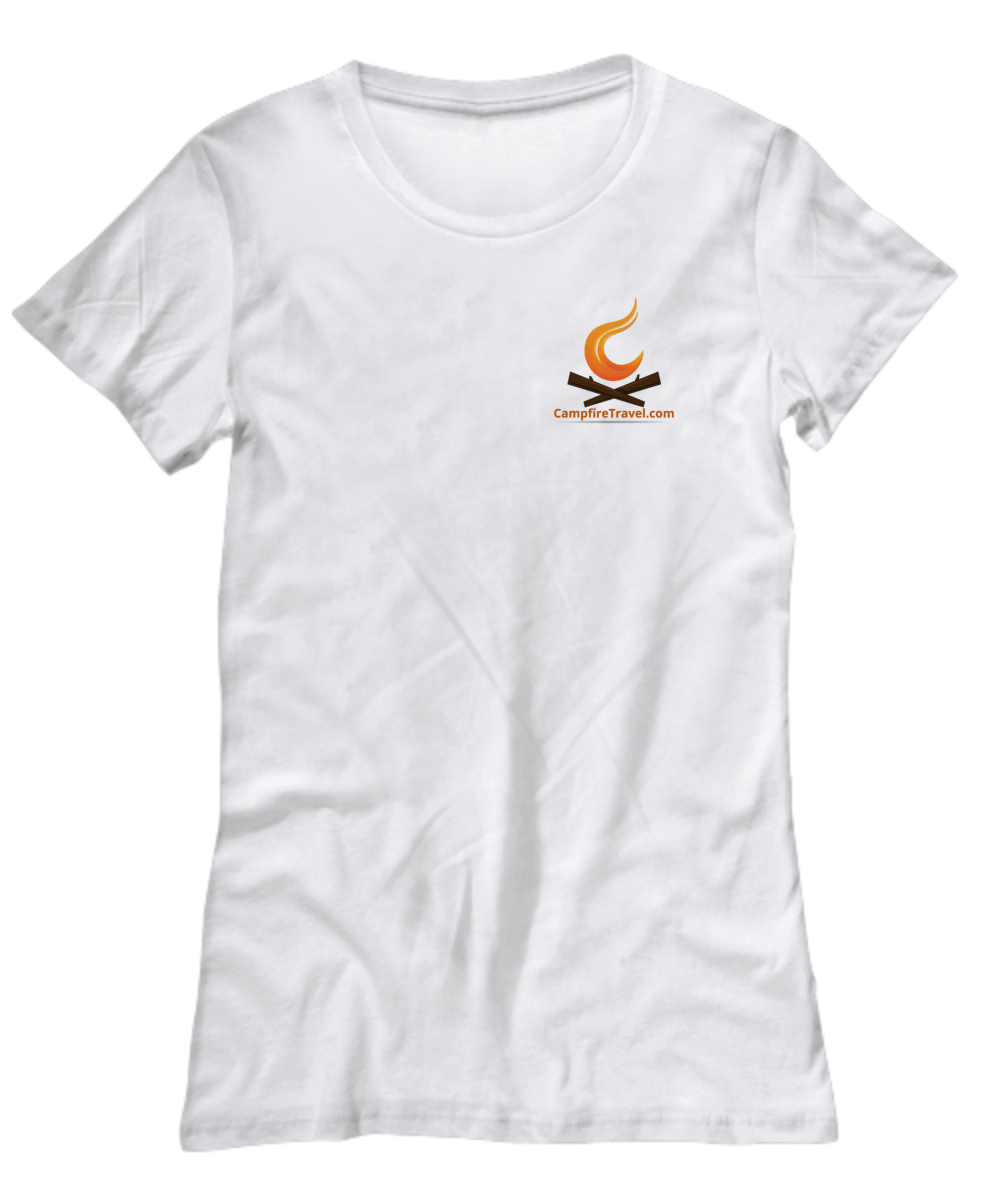 White t-shirt with a small campfire logo: orange flames above crossed logs.