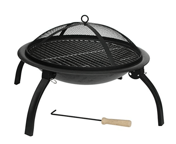 Black fire pit with grilling grate, spark screen, and poker tool.