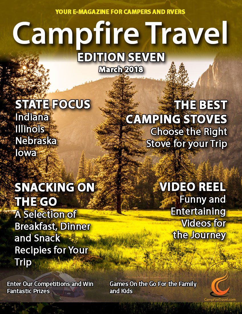 Campfire Travel magazine cover: State focus, camping stoves, snacking, video reel. Green, brown, outdoor scene.