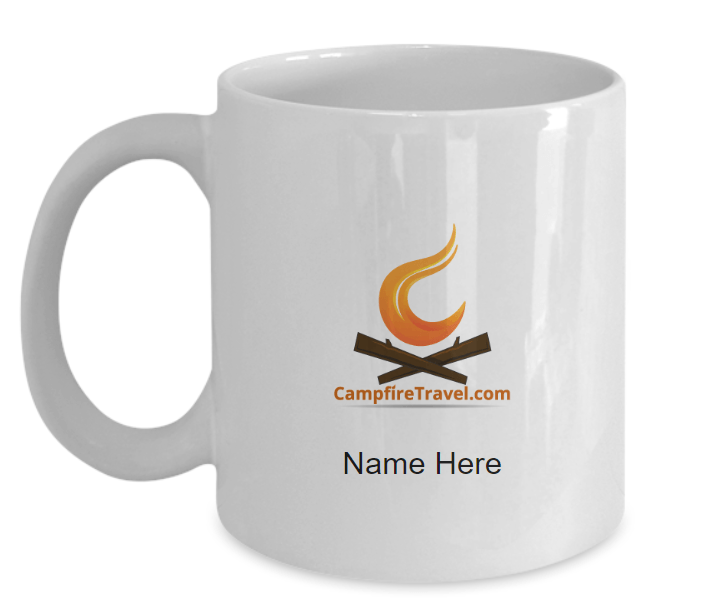 White coffee mug with campfire logo and customizable text field.