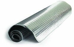 Rolled-up silver and black reflective insulation material.