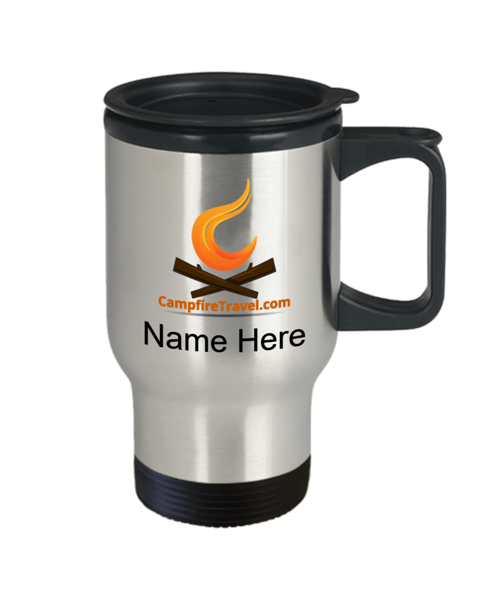 Stainless steel travel mug with black lid and handle, campfire logo, and space to add a name.