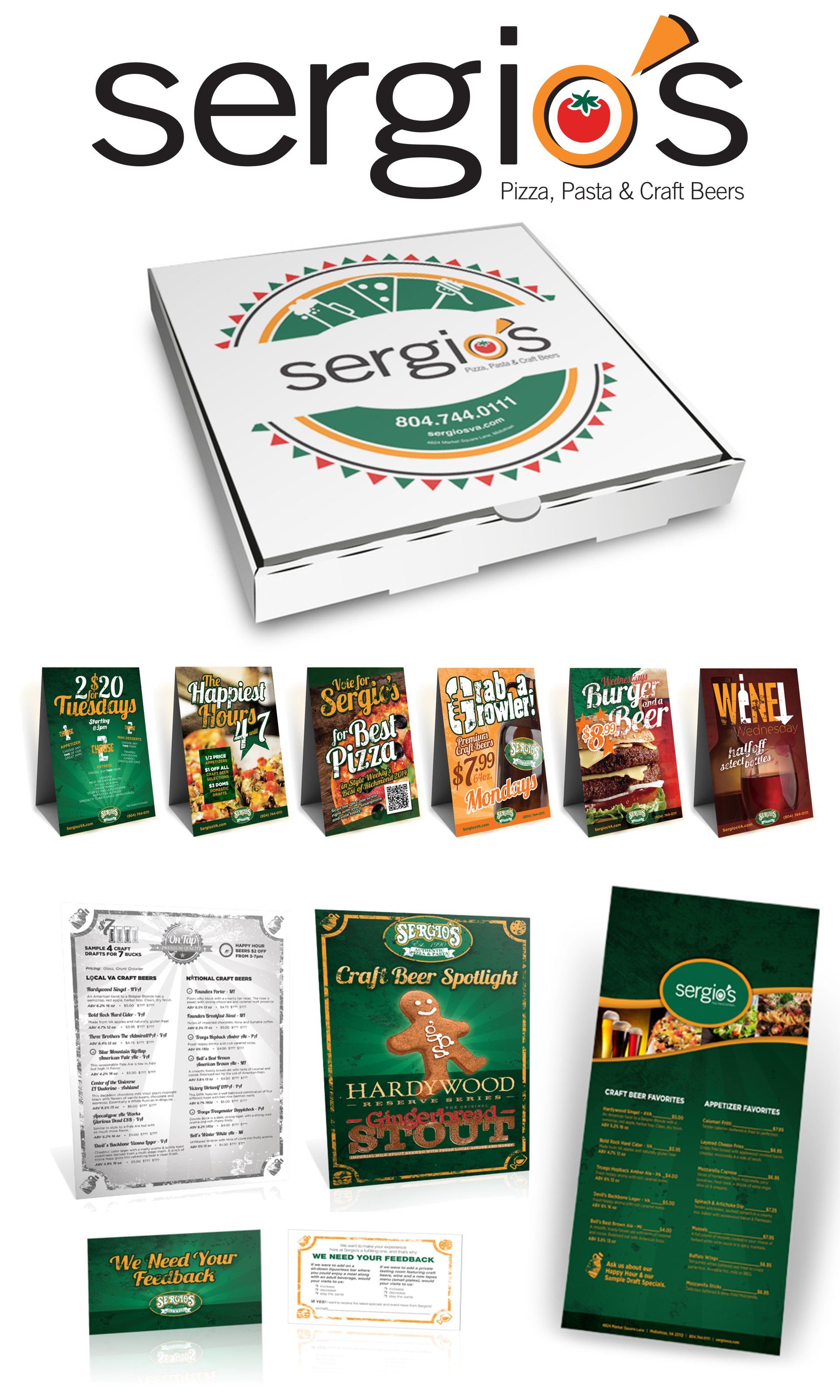 Sergio's pizza box and menu design