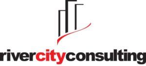 The logo for river city consulting is black and red.