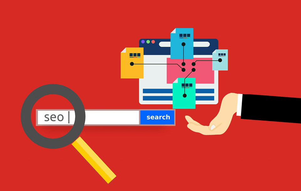a hand is holding a magnifying glass over a search bar that says seo