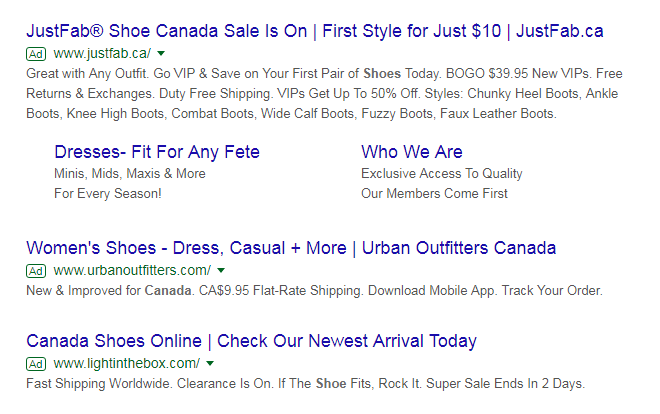 a google search for canada shoes online
