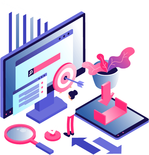 an isometric illustration of a woman hitting a target with an arrow .