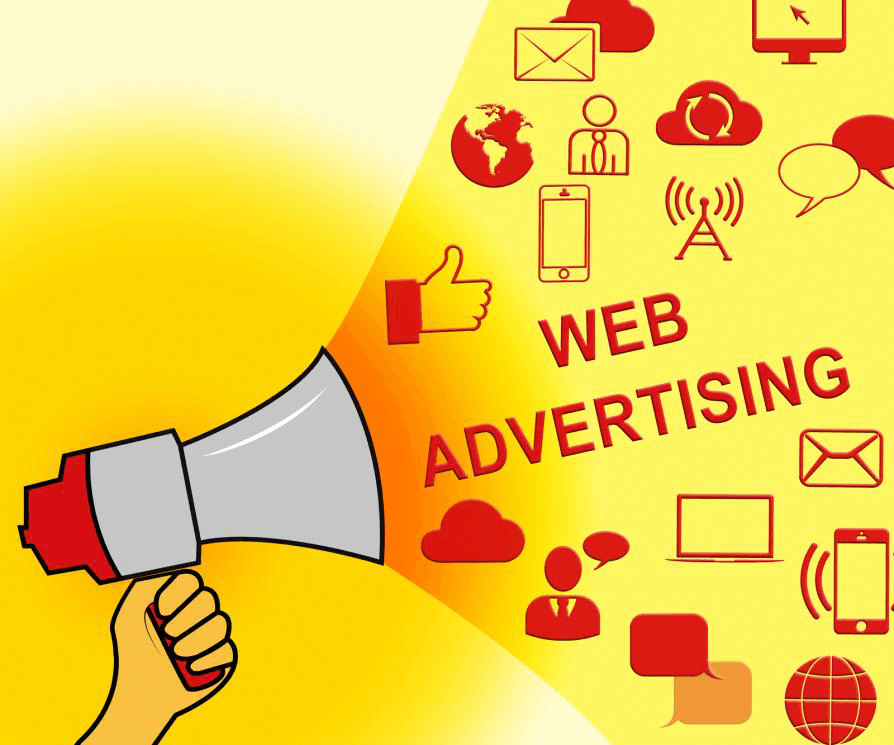 a hand is holding a megaphone that says web advertising
