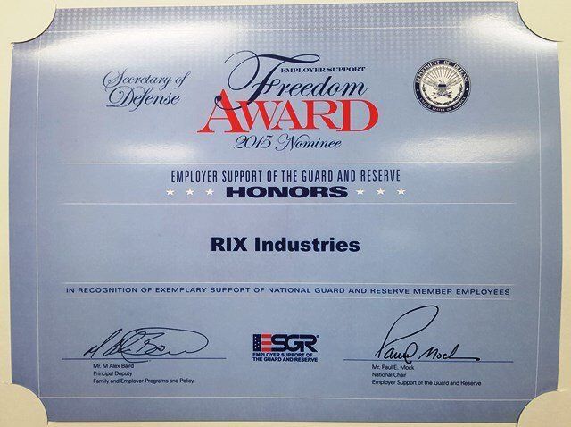 A freedom award plaque for rix industries