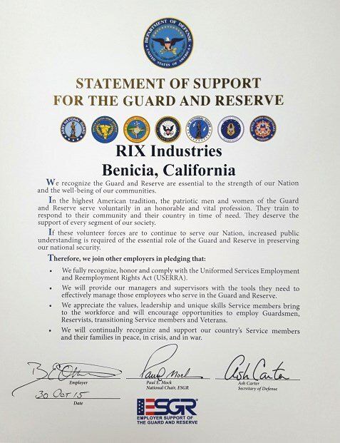 RIX Industries Nominated for Employer Support Freedom Award by Secretary of Defense