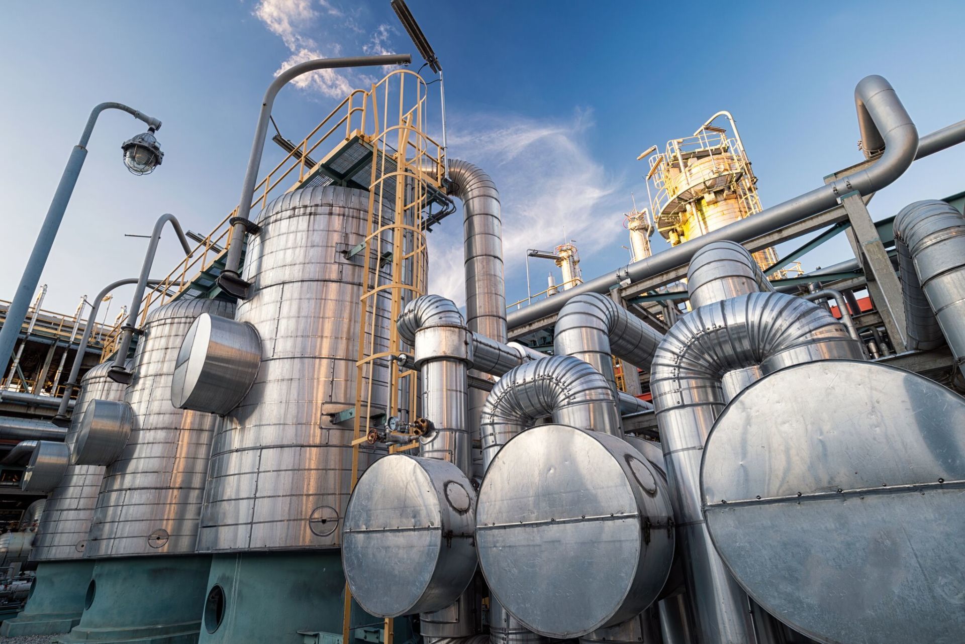 A large industrial plant with a lot of pipes and tanks.