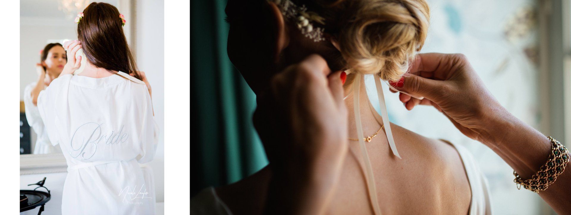 bride putting finishing touches to hair style wearing gown, bride's mum putting ribbon in bride's blond hair