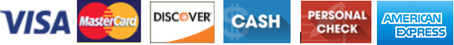 Payment logos: Visa, Mastercard, Discover, cash, personal check, and American Express.