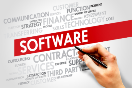 Hand writing “SOFTWARE” on a red banner over a gray word cloud of business terms