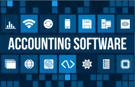 Blue accounting software banner with app icons and bold white title text