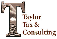 Taylor Tax & Consulting logo with a large decorative T and brown text on white background