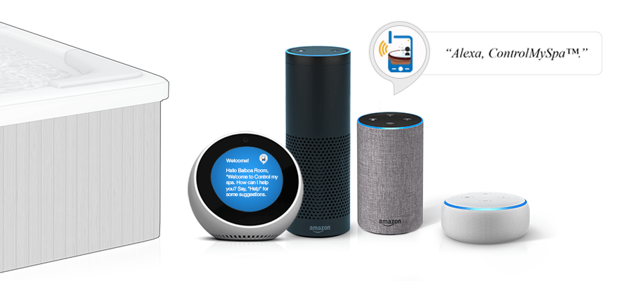 Un groupe d'enceintes Amazon Echo assises à côté d'un jacuzzi.