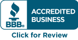 BBB Accredited Business badge with blue logo and text “Click for Review”