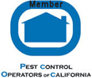 Blue circular pest control member badge with a white house icon and black text around it.