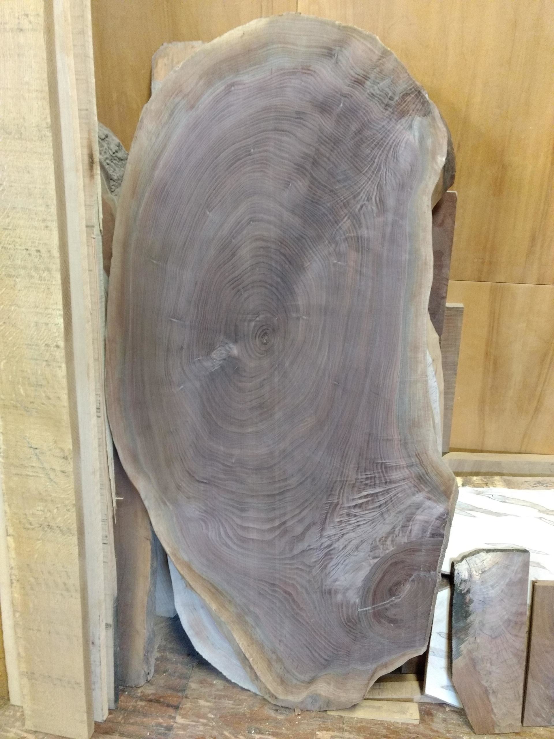 Large, irregular wood slab with visible growth rings; brown and tan hues.