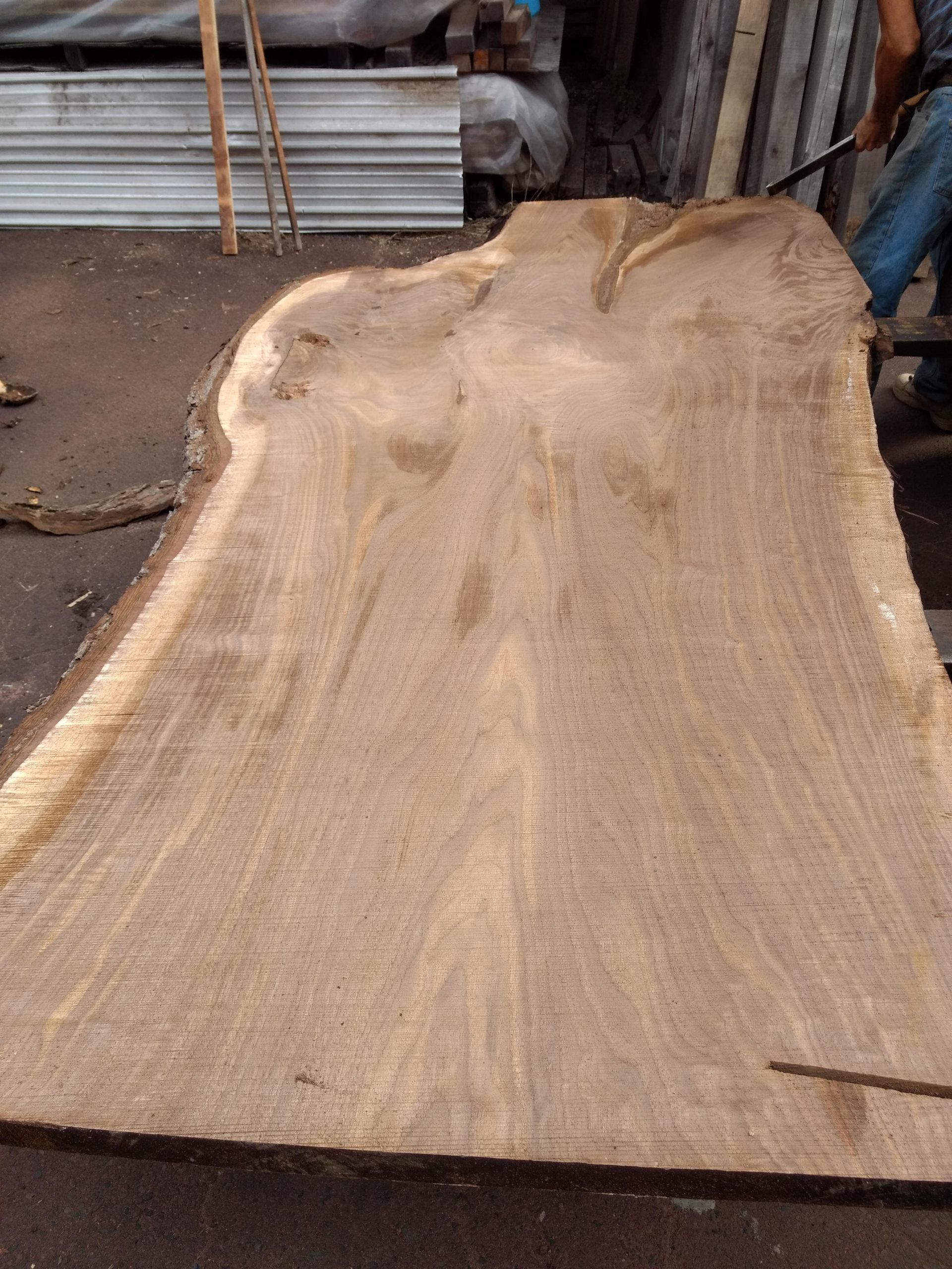 Large, light-brown wood slab with natural edges, indoors; a person in blue jeans stands nearby.