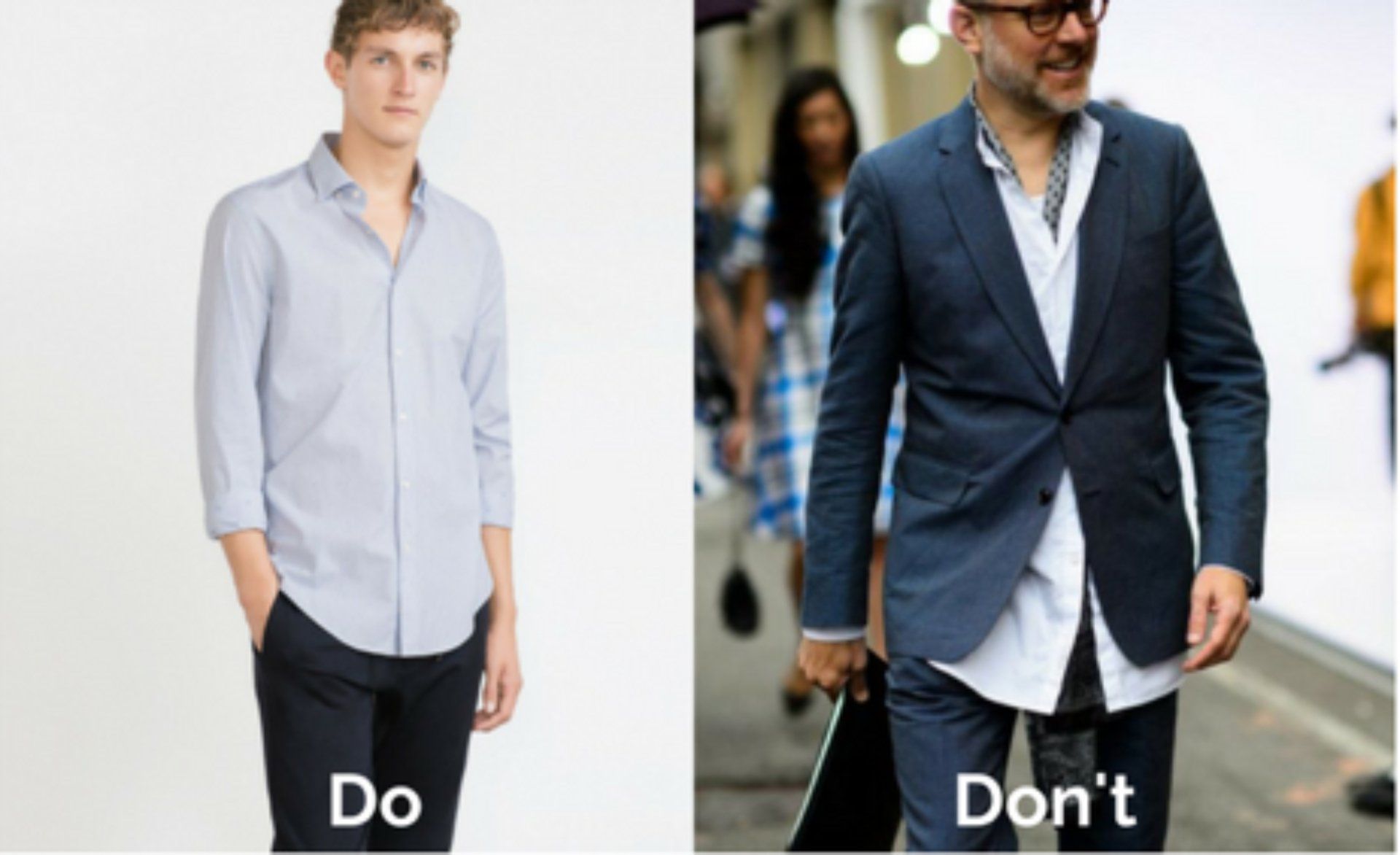 Man in gray shirt, sleeves rolled, versus man in blazer with unbuttoned shirt.