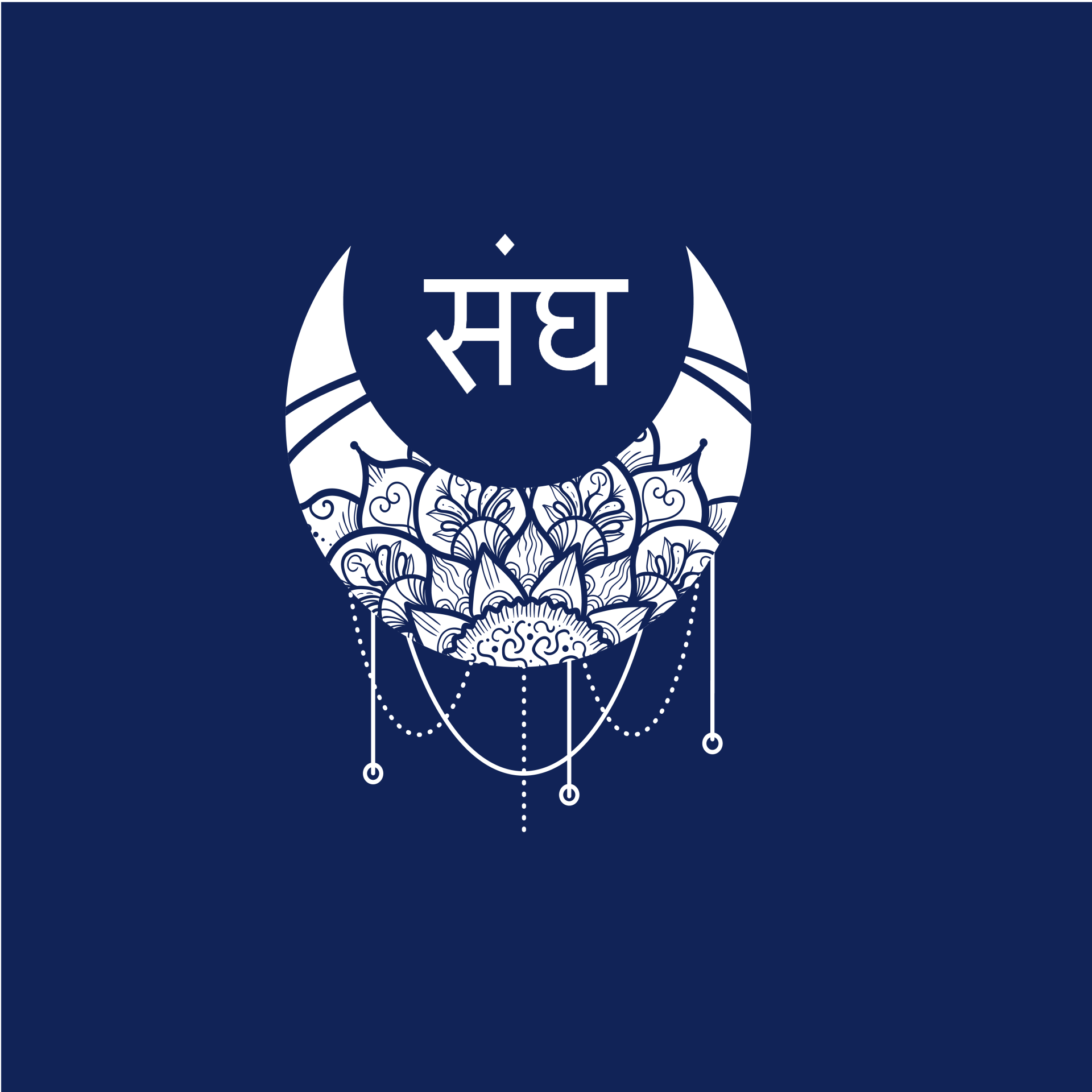 Sweet Smile Yoga | A logo with a blue background with a white crescent moon and the word sangha on it