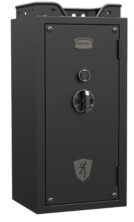 A dark gray Browning gun safe with a combination lock, handle, and Browning logo.