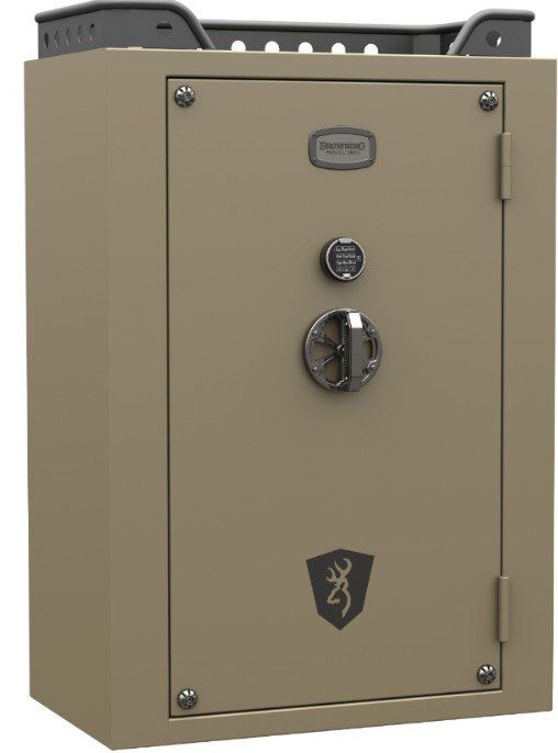A tan Browning ProSteel safe with a digital lock and a logo on the front. The safe sits on a light surface.