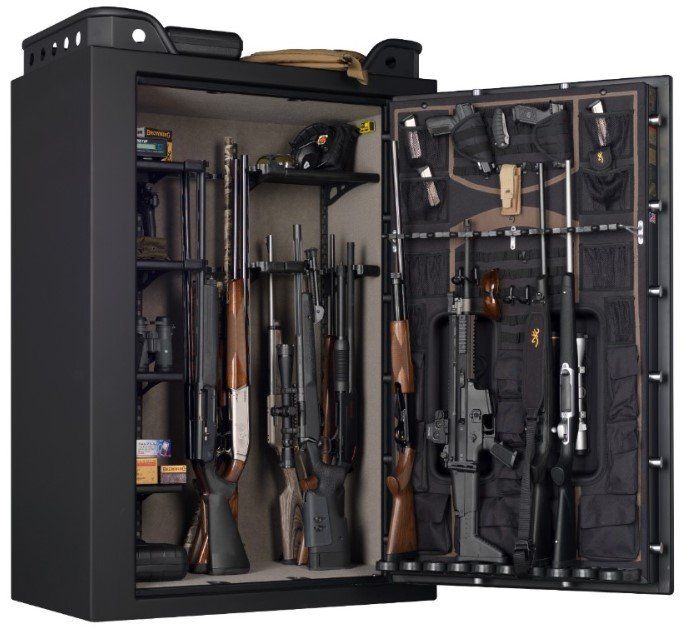 Black gun safe, open to reveal rifles and other firearms, with shelves for ammunition and accessories.