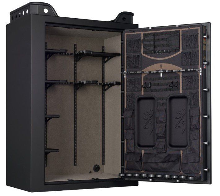 Open black gun safe with shelves and door storage. Beige interior.