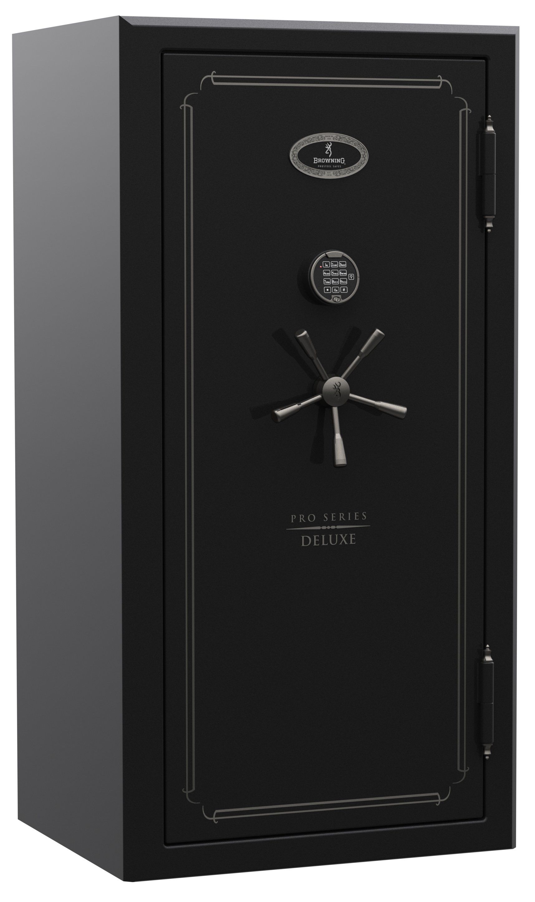 Black gun safe with a combination lock and a large, star-shaped handle. It has a decorative trim around the door.