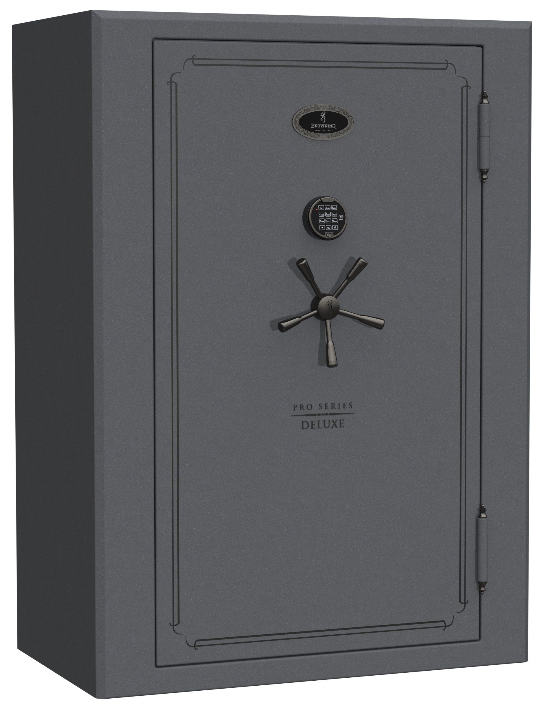 Dark gray gun safe with a combination dial and large handle on the door, set against a gray background.