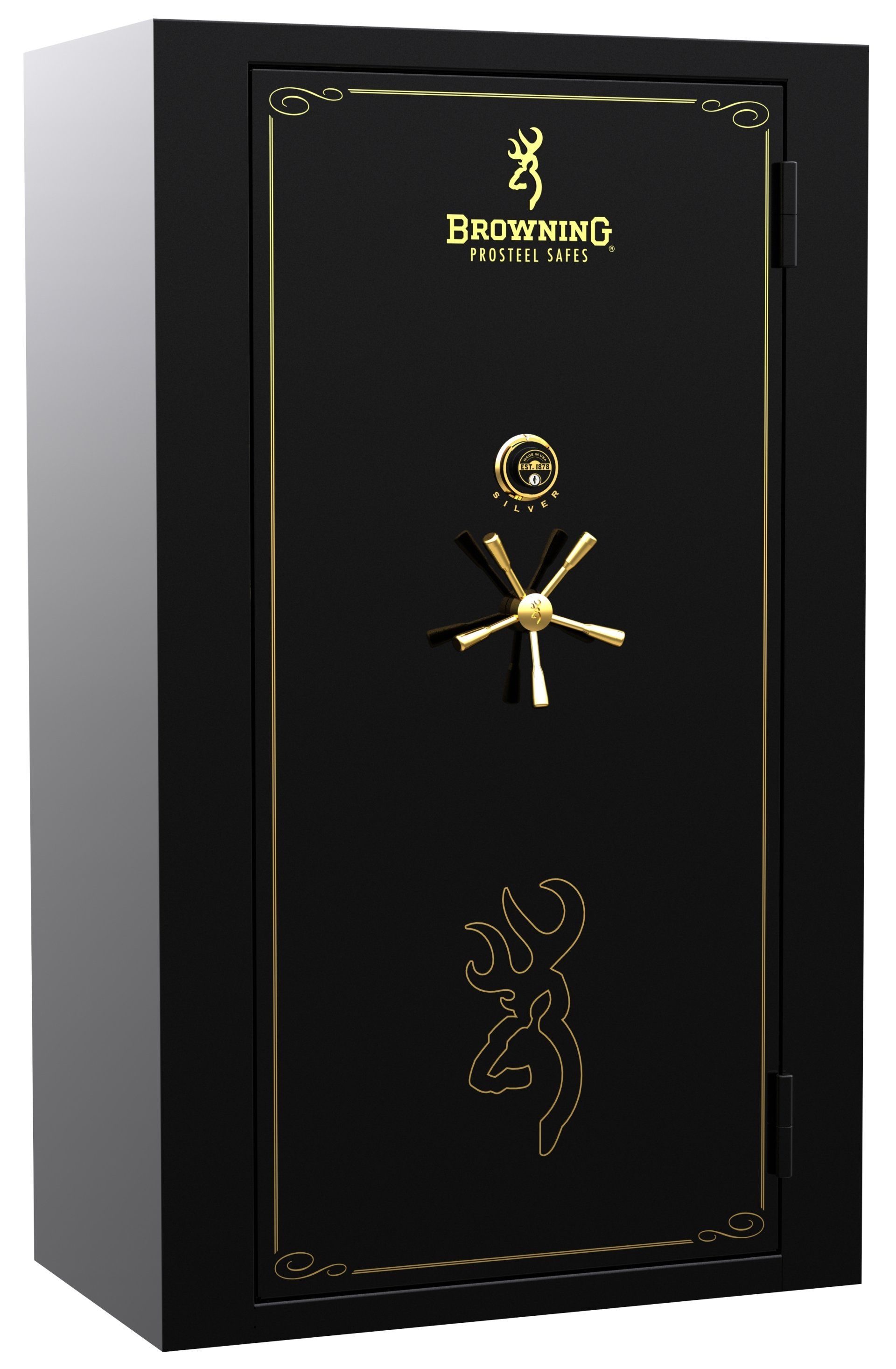 Black Browning gun safe with gold accents, including a logo, dial, and door trim.
