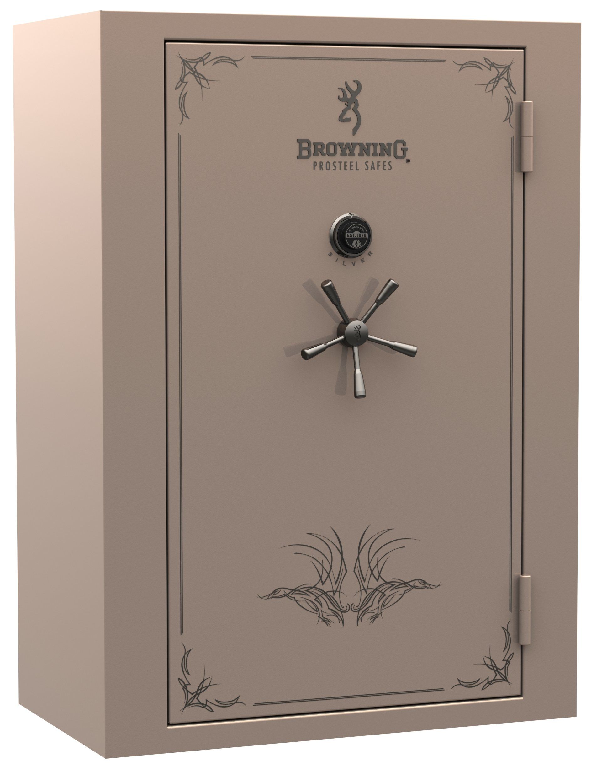 Tan Browning Pro Steel safe with a combination dial and handle. Features decorative etched floral designs.