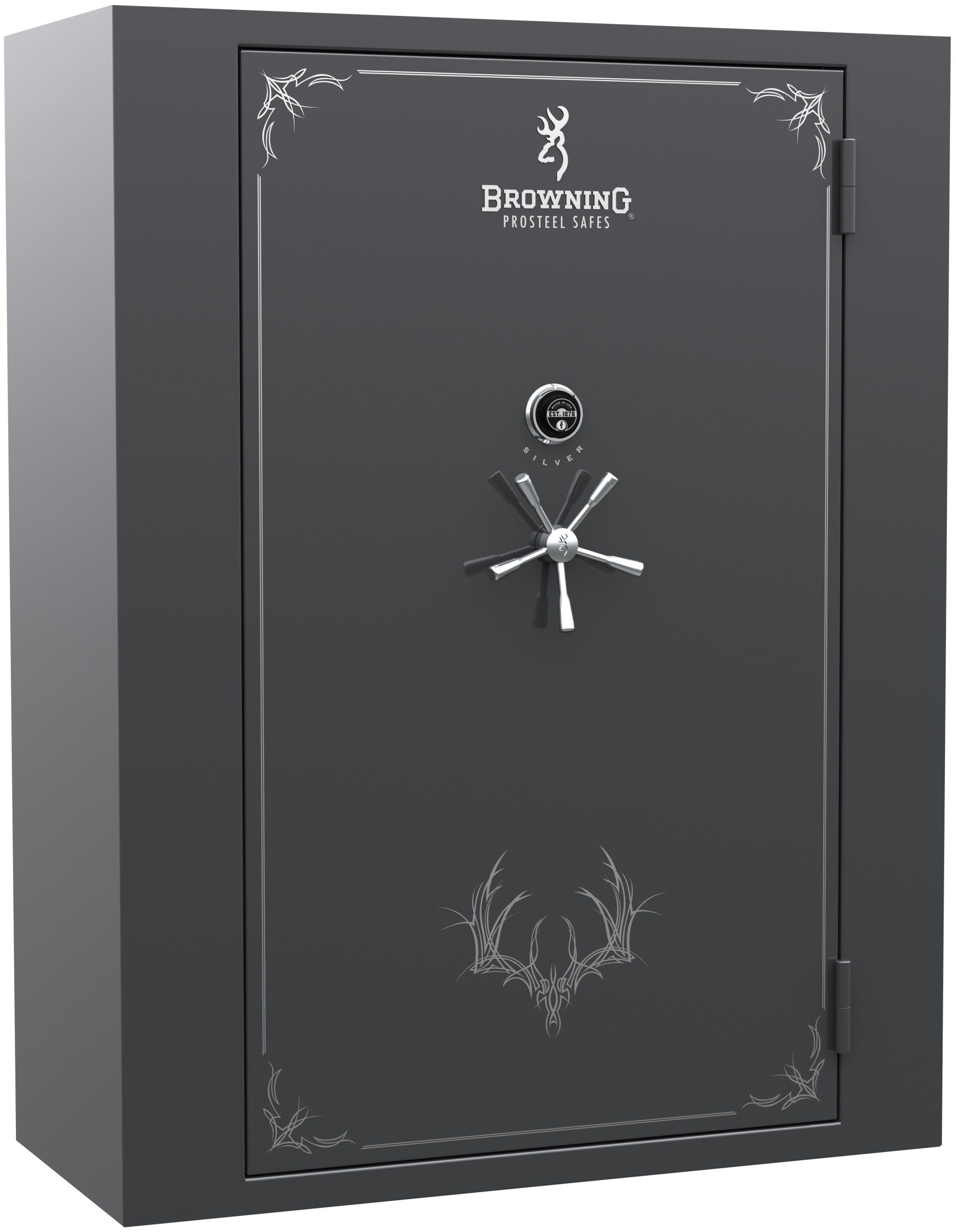 Dark gray Browning gun safe with a combination dial and handle, deer antler design on the door, and ornate border.