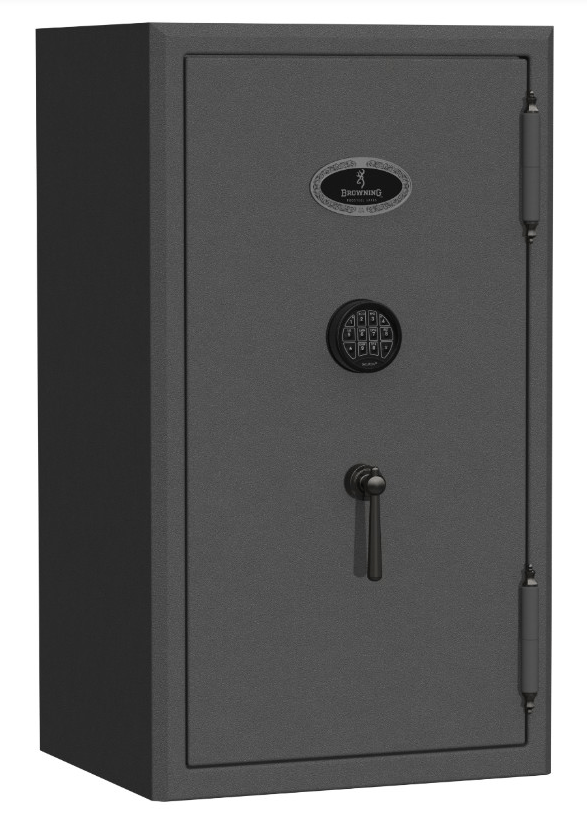 Dark gray Browning gun safe with a combination lock, handle, and logo on the front.