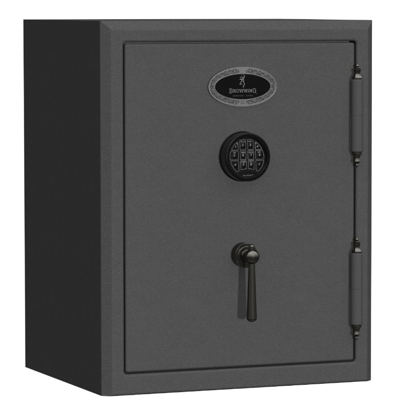 Dark gray Browning gun safe with a combination keypad, handle, and door bolts.
