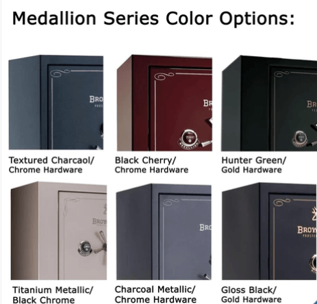 Color options for a Medallion Series safe: charcoal, black cherry, hunter green, titanium metallic, charcoal metallic.