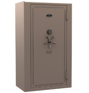 A tan Browning gun safe with a combination lock and handle.