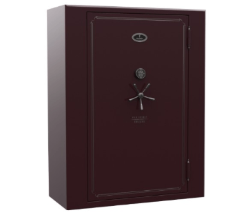 A maroon-colored large gun safe with a combination dial and handle.