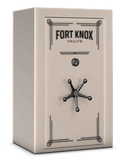 Tan Fort Knox vault with a black handle, a combination lock, and the brand name at the top.