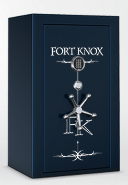 Navy blue Fort Knox safe with silver accents and a keypad.