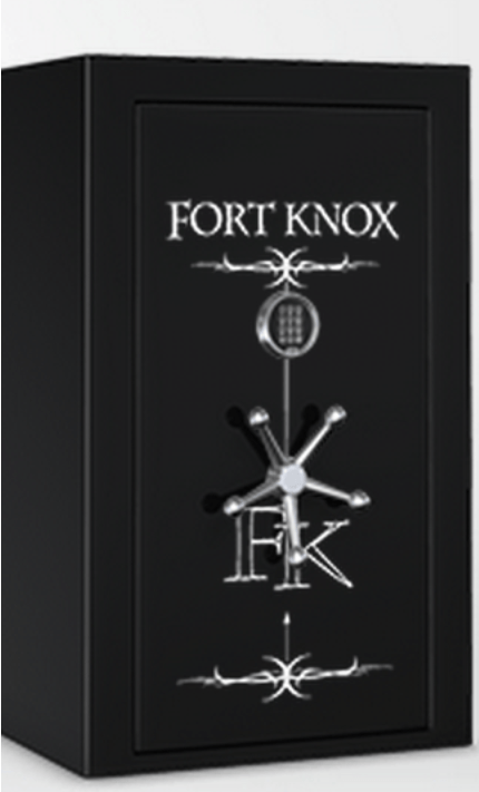 Black Fort Knox gun safe with silver handle, dial, and logo details.