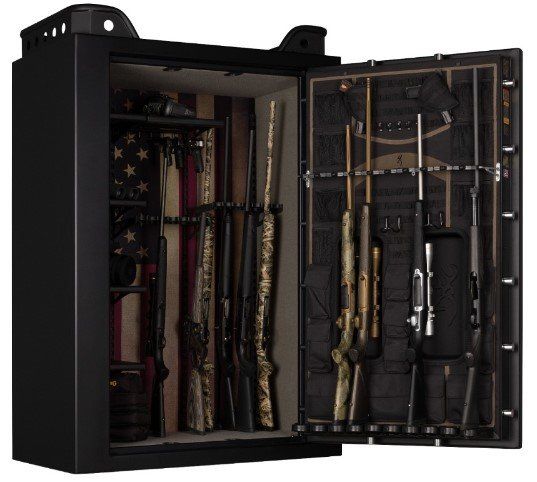 A black gun safe with the door open, revealing several rifles and shotguns. The interior has American flag-themed panels.