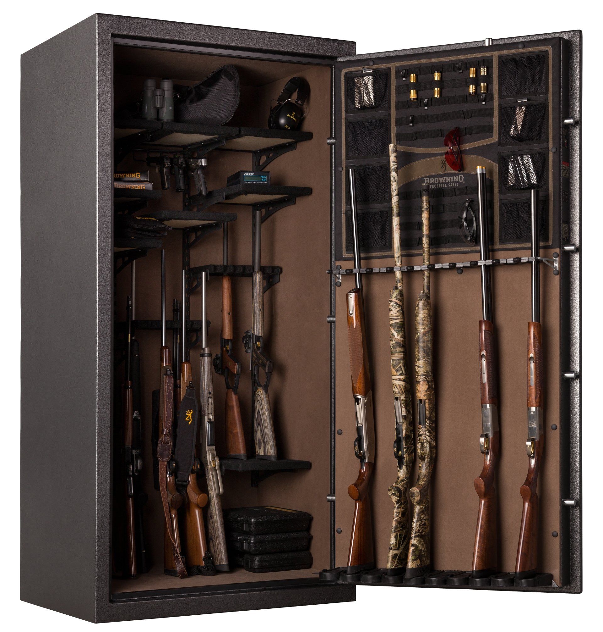 A gun safe with the door open, revealing multiple rifles, handguns, and storage shelves filled with accessories.