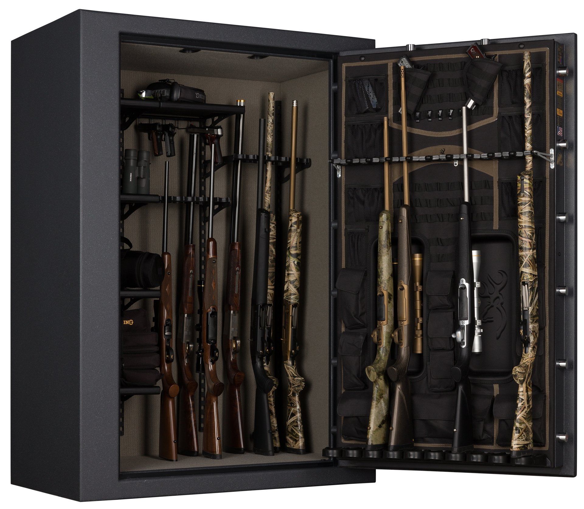 Open gun safe filled with rifles and shotguns, with a dark interior and a black exterior.